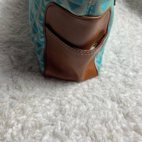 Michael Kors Monogram Blue canvas medium Satchel with leather tan trims &straps - Picture 7 of 12